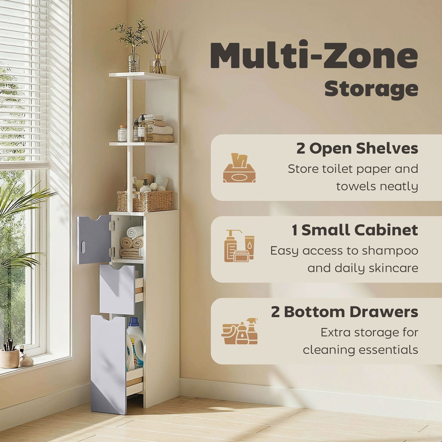 HOMCOM Tall Bathroom Cabinet, Freestanding Slim Bathroom Storage Cabinet with 2-Tier Open Shelf and 2 Drawers for Small Space, Narrow Cupboard Storage Unit, White and Grey