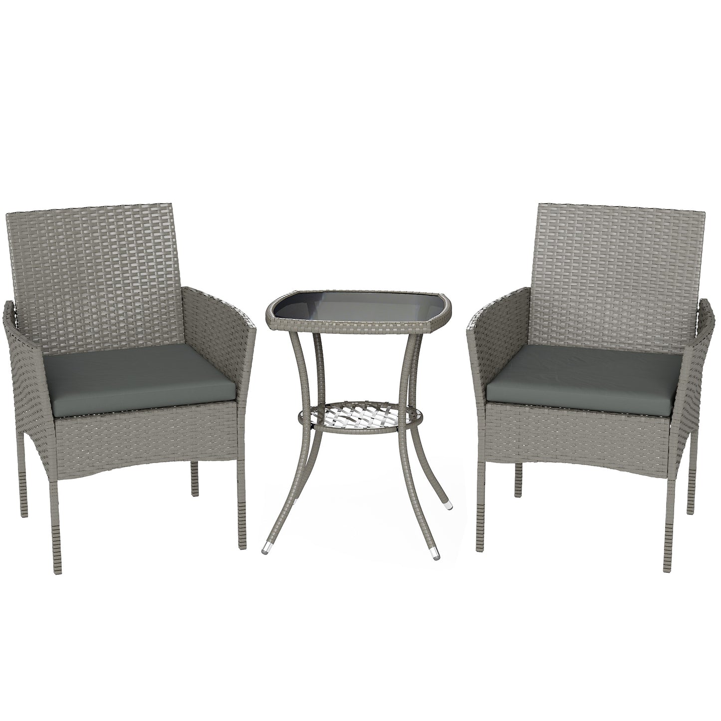 Photo of Outsunny 3 Piece Rattan Bistro Set, PE Wicker Garden Furniture Conversation Set with 2 Tier Glass-Top Table, Chairs, Dark Grey in Grey colour on a white background