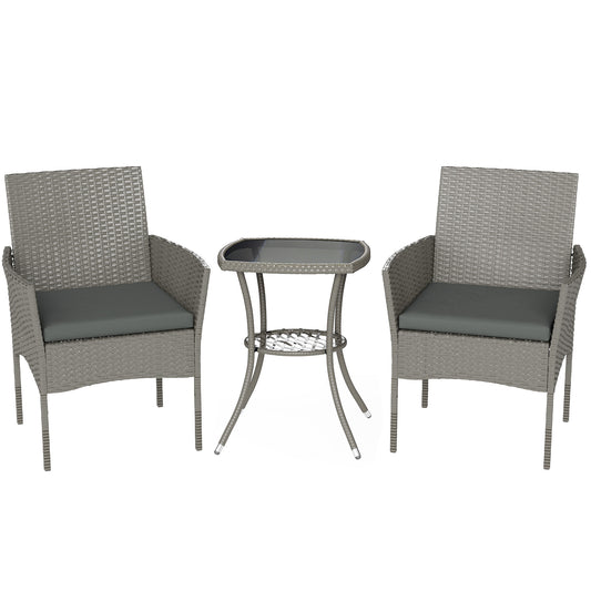 Photo of Outsunny 3 Piece Rattan Bistro Set, PE Wicker Garden Furniture Conversation Set with 2 Tier Glass-Top Table, Chairs, Dark Grey in Grey colour on a white background