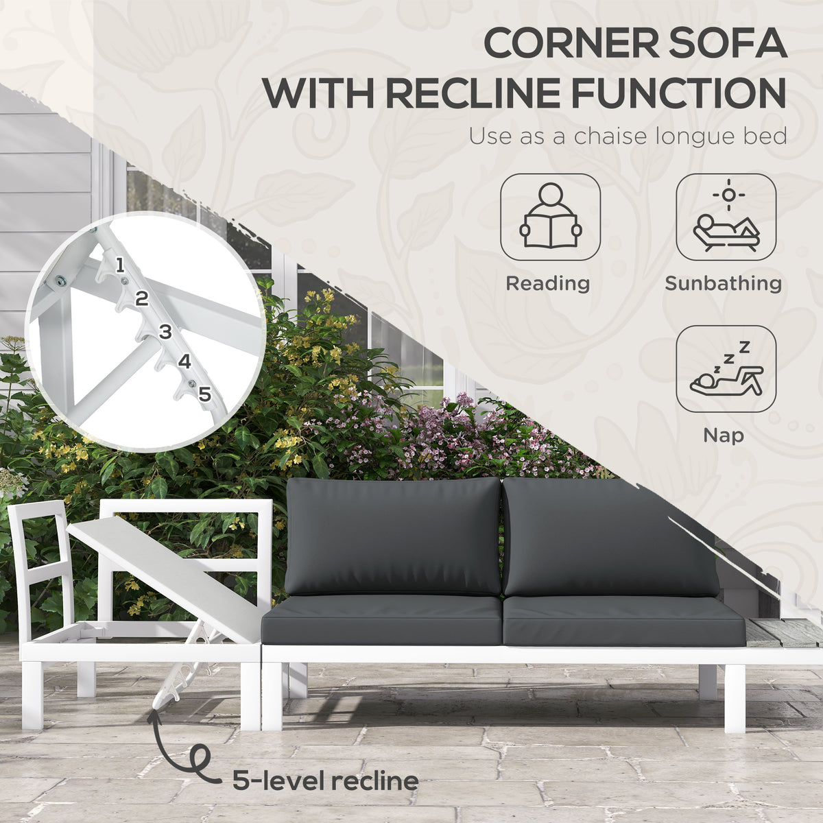 Outsunny 4 Pieces Garden Furniture Set, 5-Level Reclining Garden Corner Sofa Set, Outdoor Lounge Conversation Sectional with Cushions, Wood Effect Plastic Table, White Frame & Grey Cushion