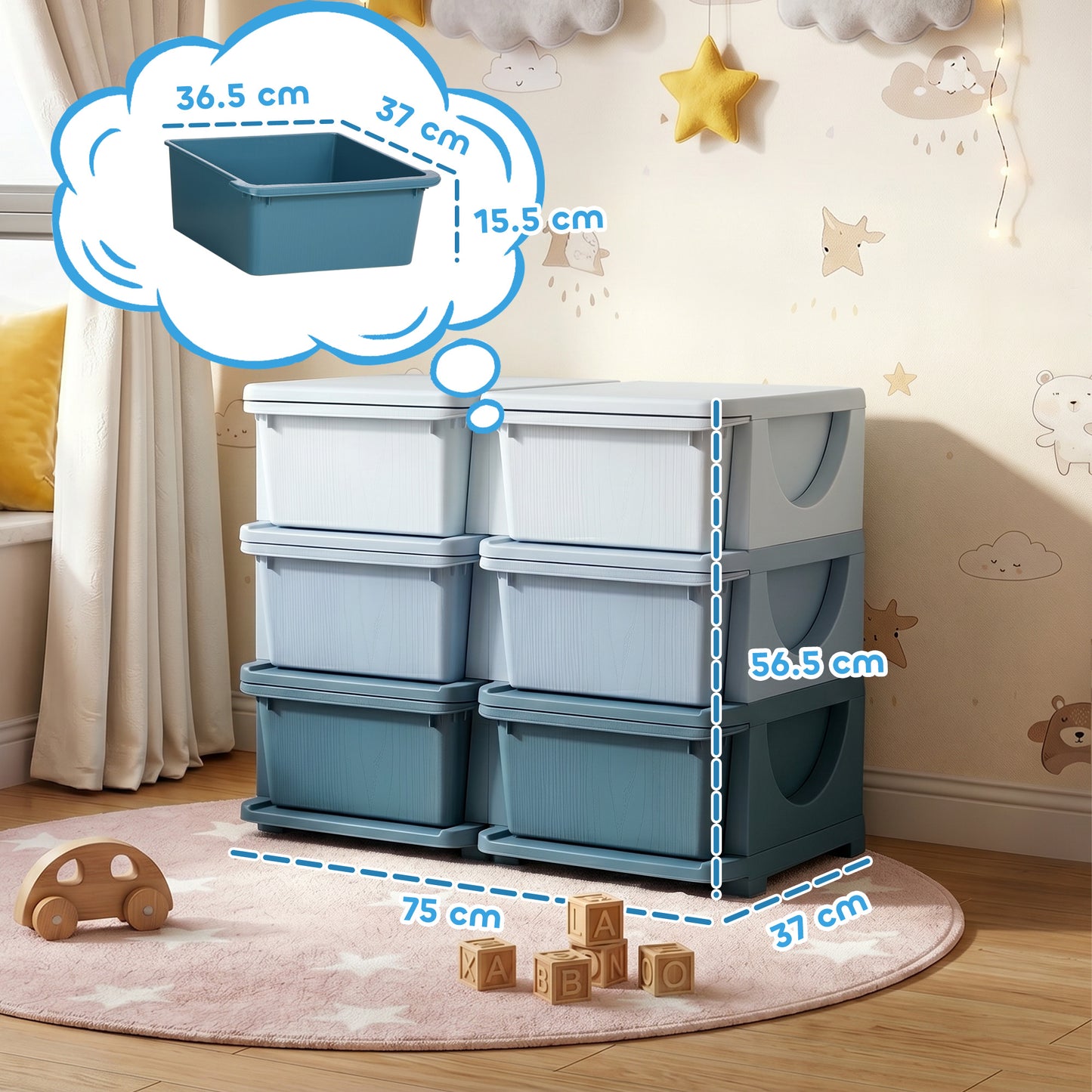HOMCOM Kids Storage Unit, with Six Drawers - Blue