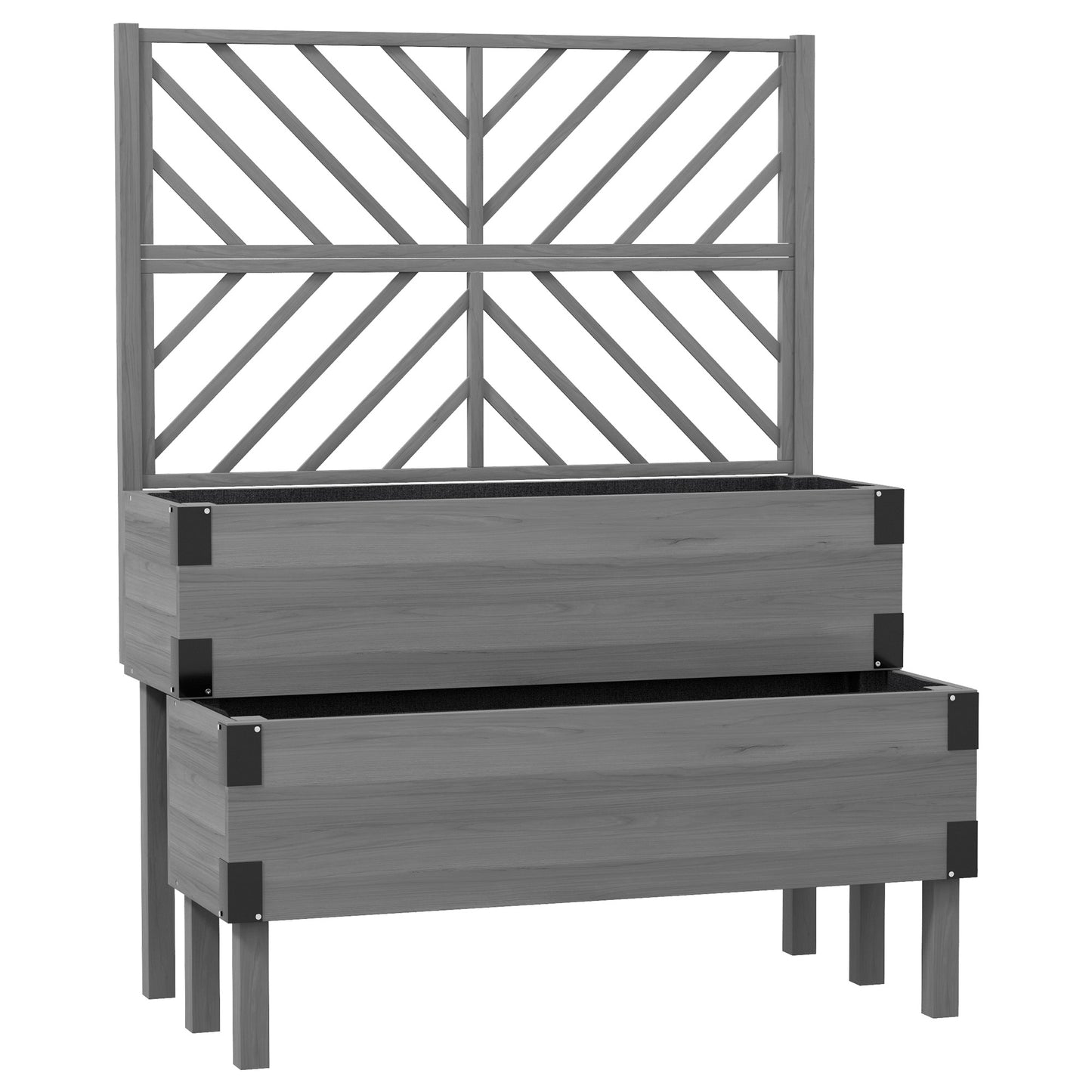 Photo of Outsunny Raised Garden Bed with Trellis, 2-Tier Wooden Elevated Planter Box  for Vegetables, Flowers, Herbs, Grey in Grey colour on a white background