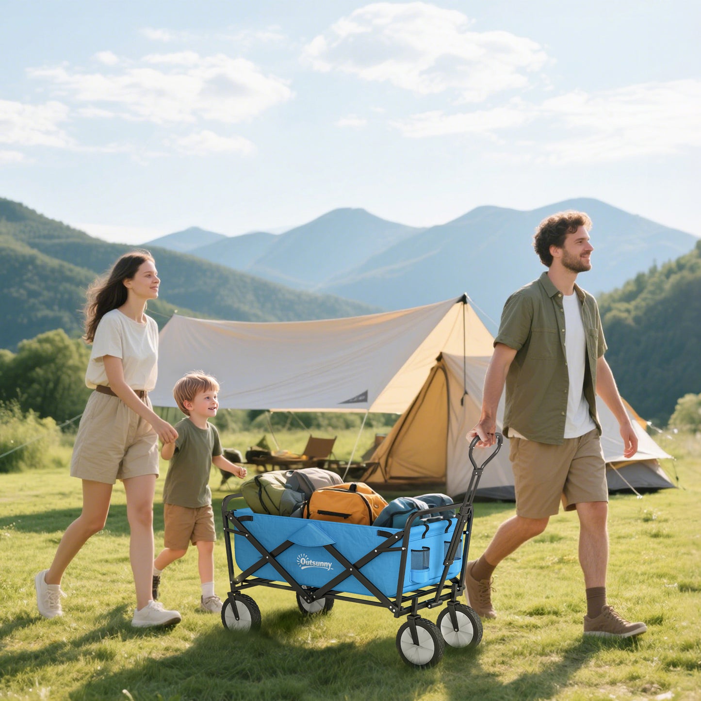 Outsunny 135L Festival Trolley on Wheels, Folding Wagon Camping Trolley Cart with Adjustable Handle, Dual Brakes, Portable Wagon Cart for Outdoor, Garden, Shopping, Fishing, Blue