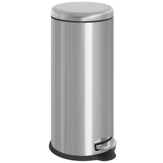 Closed silver stainless steel 30L pedal bin with foot pedal and protective base ring