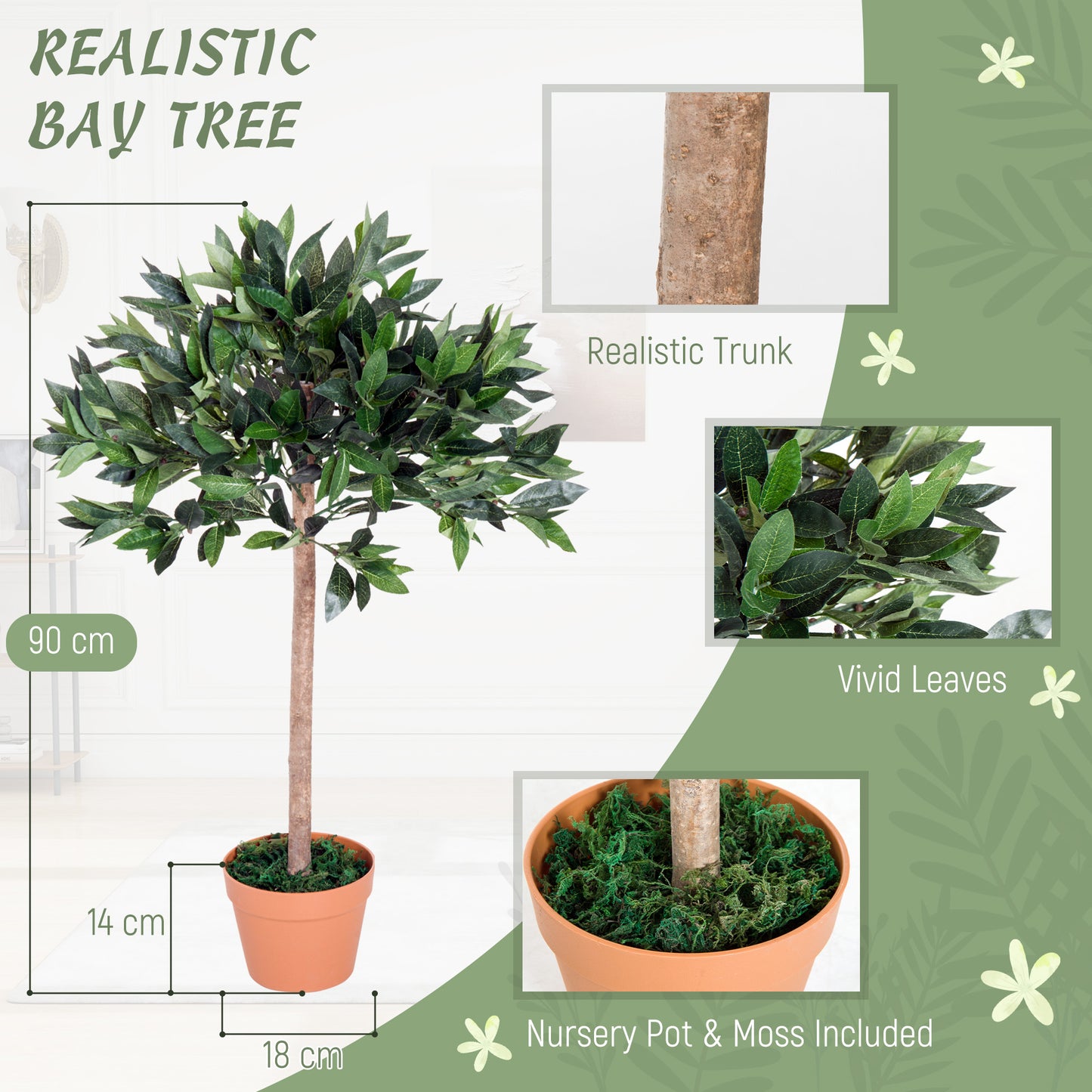 Outsunny Artificial Bay Tree In Pot, 3ft Tall Indoor Outdoor Garden Topiary Ball with Solid Wood Trunk, Realistic Lush Green Leaves for Home Office Garden Porch