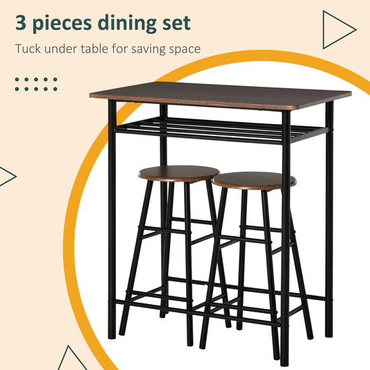 HOMCOM three-piece bar table set with two tuck-under stools and a storage shelf