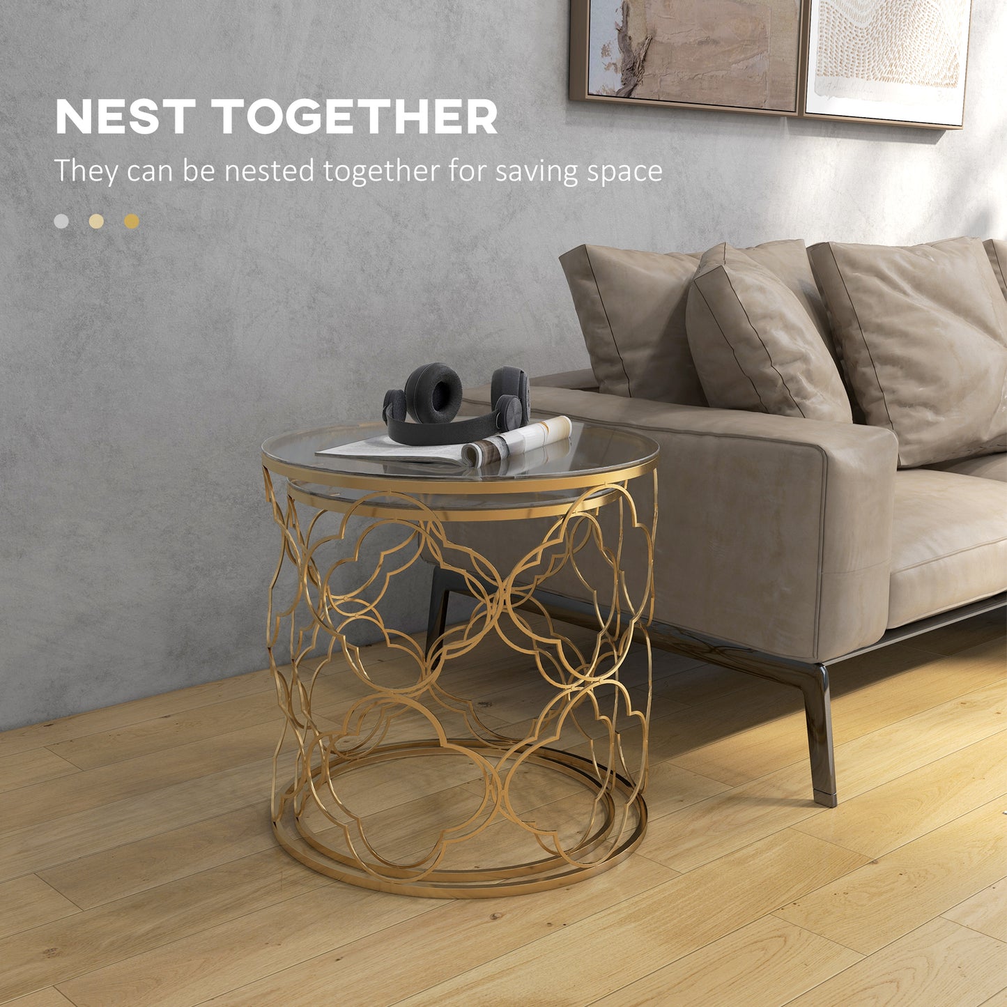HOMCOM Nesting Tables Set of 2, Modern Stacking Side End Table with Tempered Glass Top, Metal Frame for Living Room Bedroom Office, Gold Tone