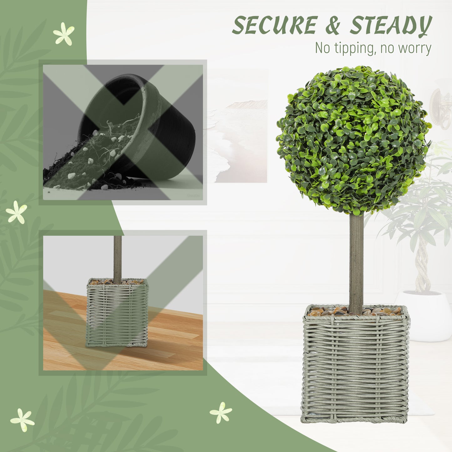 HOMCOM Set of 2 Decorative Artificial Plants, 50cm Faux Boxwood Topiary Balls with Woven Plastic Pot and Pebbles, Fake Plants for Home or Office Decor, Green