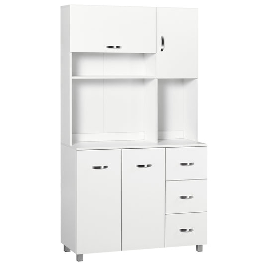 Photo of HOMCOM Kitchen Cupboard, 183cm Tall Storage Cabinet with Countertop, Sideboard with 3 Small Drawers, Flip Up Top Door, 3 Cabinet Doors and Open Shelves, 100W x 39.5D x 183.5H cm, White in White colour on a white background