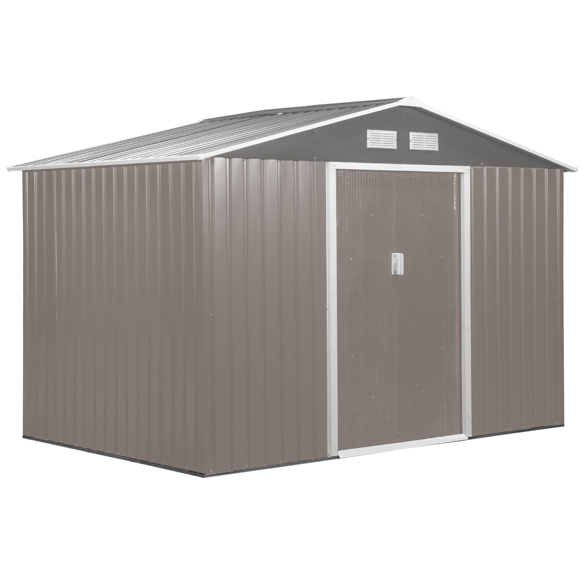 Photo of Outsunny 9 x 6FT Outdoor Garden Roofed Metal Storage Shed Tool Box with Foundation Ventilation & Doors Light, Grey in Grey colour on a white background