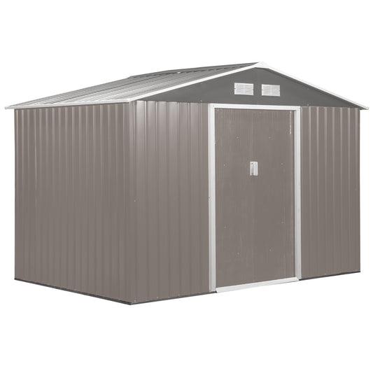 Photo of Outsunny 9 x 6FT Outdoor Garden Roofed Metal Storage Shed Tool Box with Foundation Ventilation & Doors Light, Grey in Grey colour on a white background