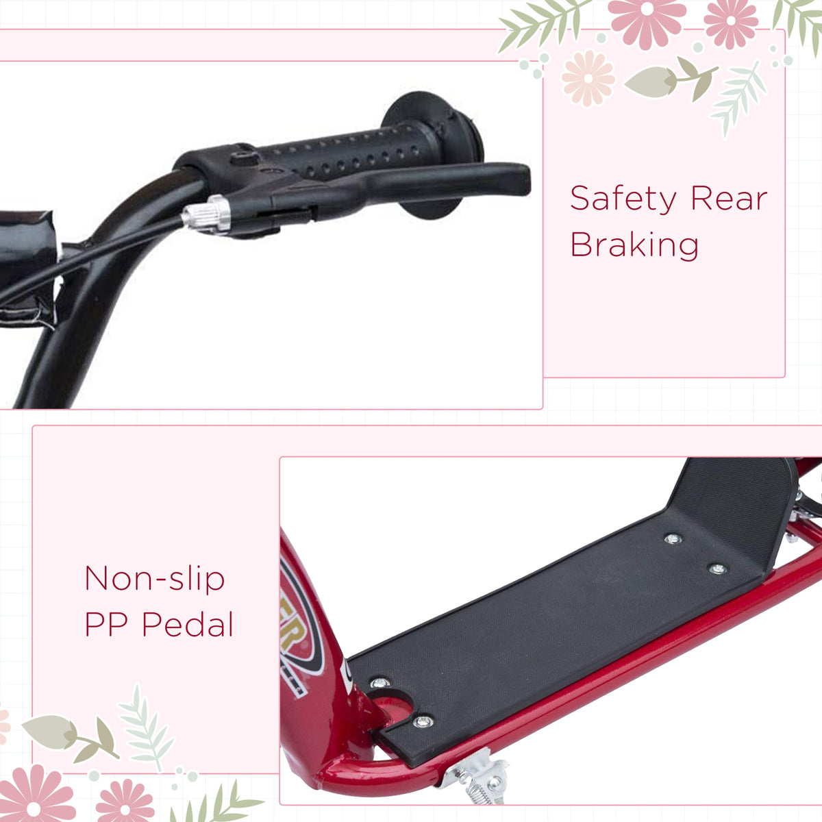 HOMCOM scooter details showing rear brake lever and non-slip deck