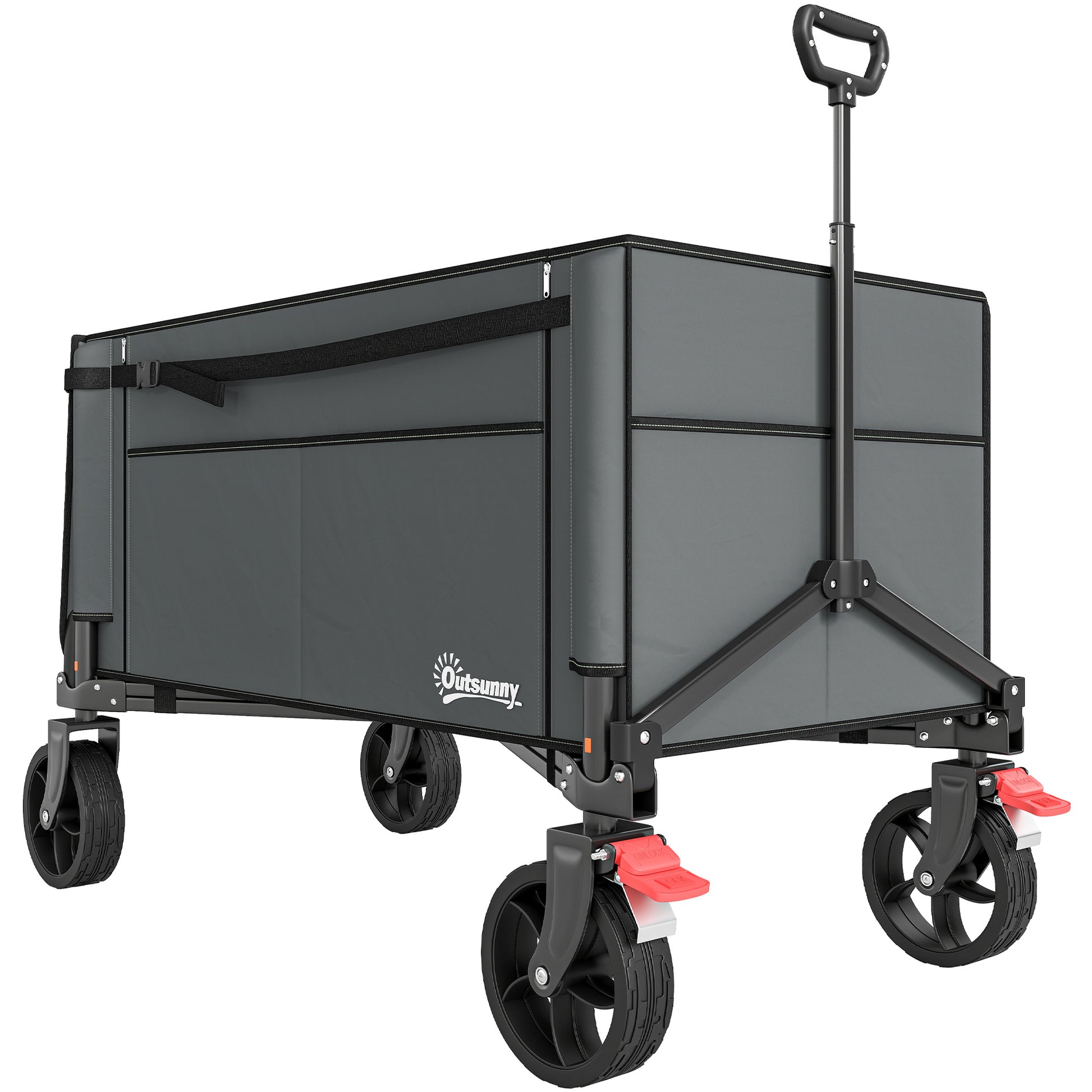 Photo of Outsunny Festival Trolley on Wheels, 150L Folding Camping Trolley Cart with Openable Sides, Adjustable Handle and Brakes for Shopping Beach Garden Fishing, Grey in Grey colour on a white background