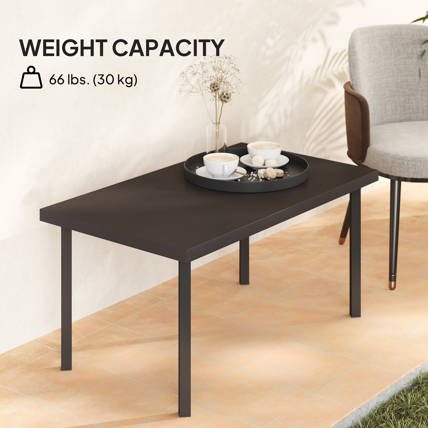 Outsunny Metal Garden Coffee Table, Rectangular Outdoor Side Table with Woodgrain Tabletop, Foot Pads for Outside, Garden, Balcony, Porch, 95 x 55 x 46cm, Brown