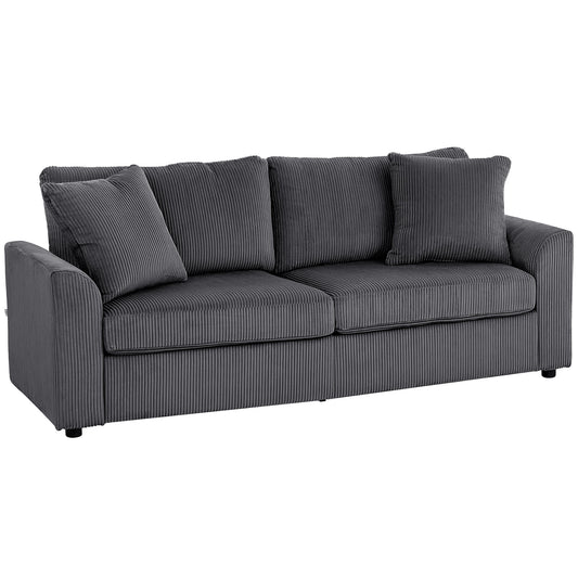 Photo of HOMCOM 3 Seater Sofa, 212cm Corduroy Couch with Spring Cushion, Wide and Deep Seat, Plush Backrest, 2 Pillows, Sofa Settee for Living Room, Home Office, Grey in Grey colour on a white background