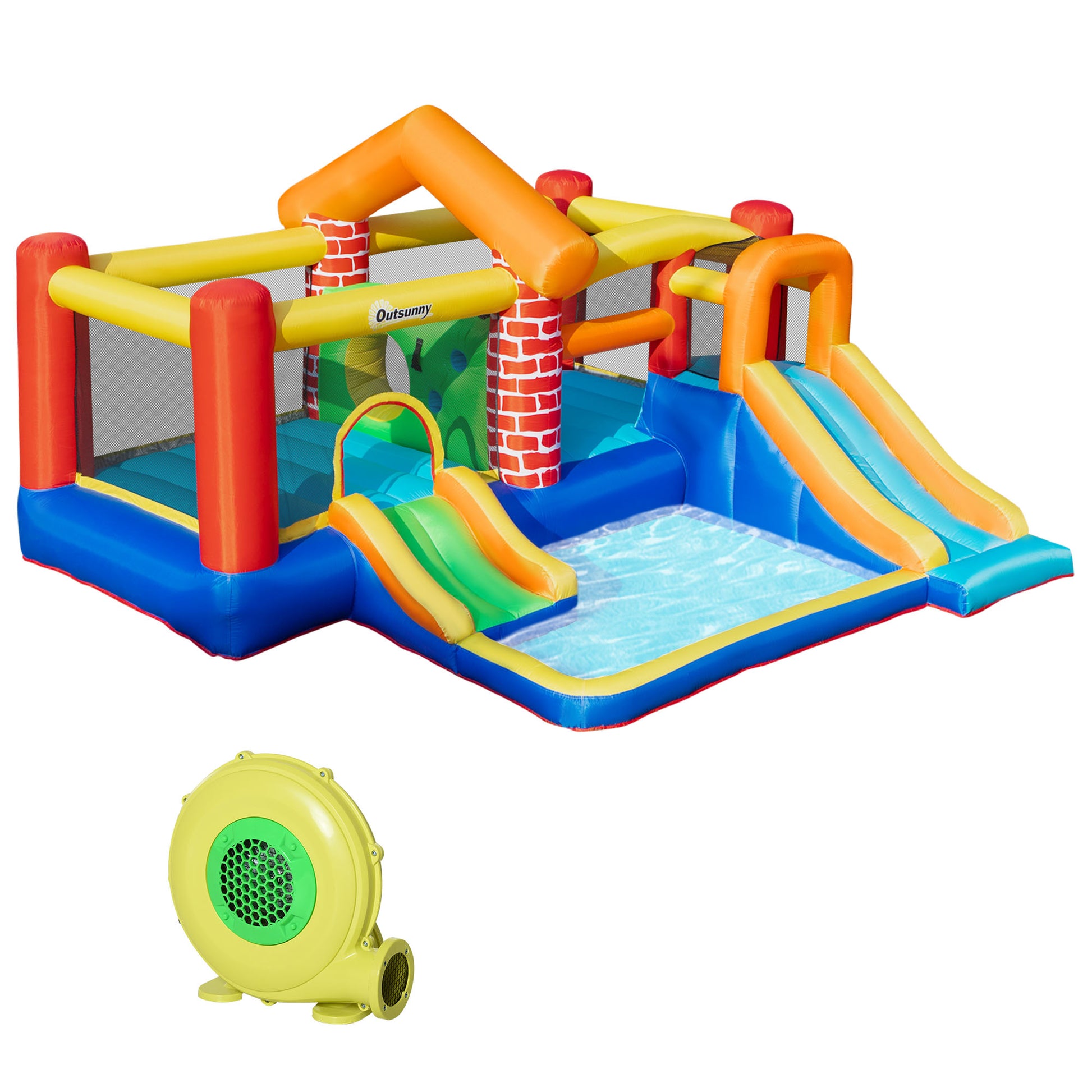 Photo of Outsunny 4 in 1 Kids Bouncy Castle Extra Large Double Slides & Trampoline Design Inflatable House Pool Climbing Wall with Blower Carrybag for Kids Age 3-8, 3.8 x 3.7 x 2.3m in 2.3m colour on a white background
