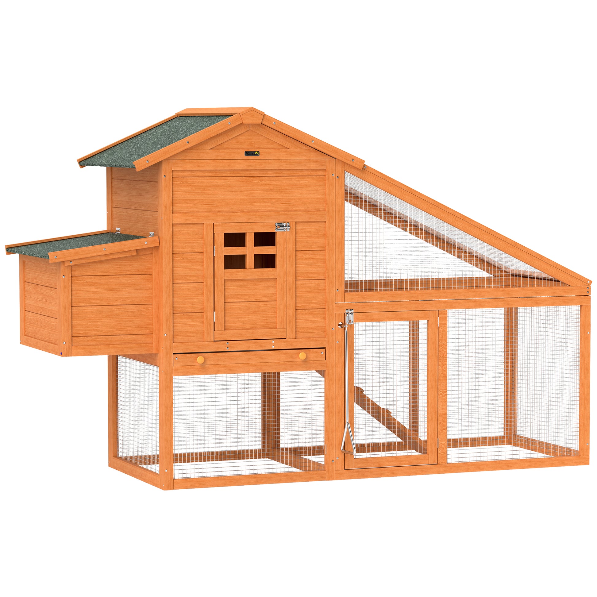 Photo of PawHut Wooden Chicken Coop with Run, Nesting Box, Slide-out Tray, Ramp, Perches, Asphalt Roof, 179 x 67 x 115cm in 115cm colour on a white background