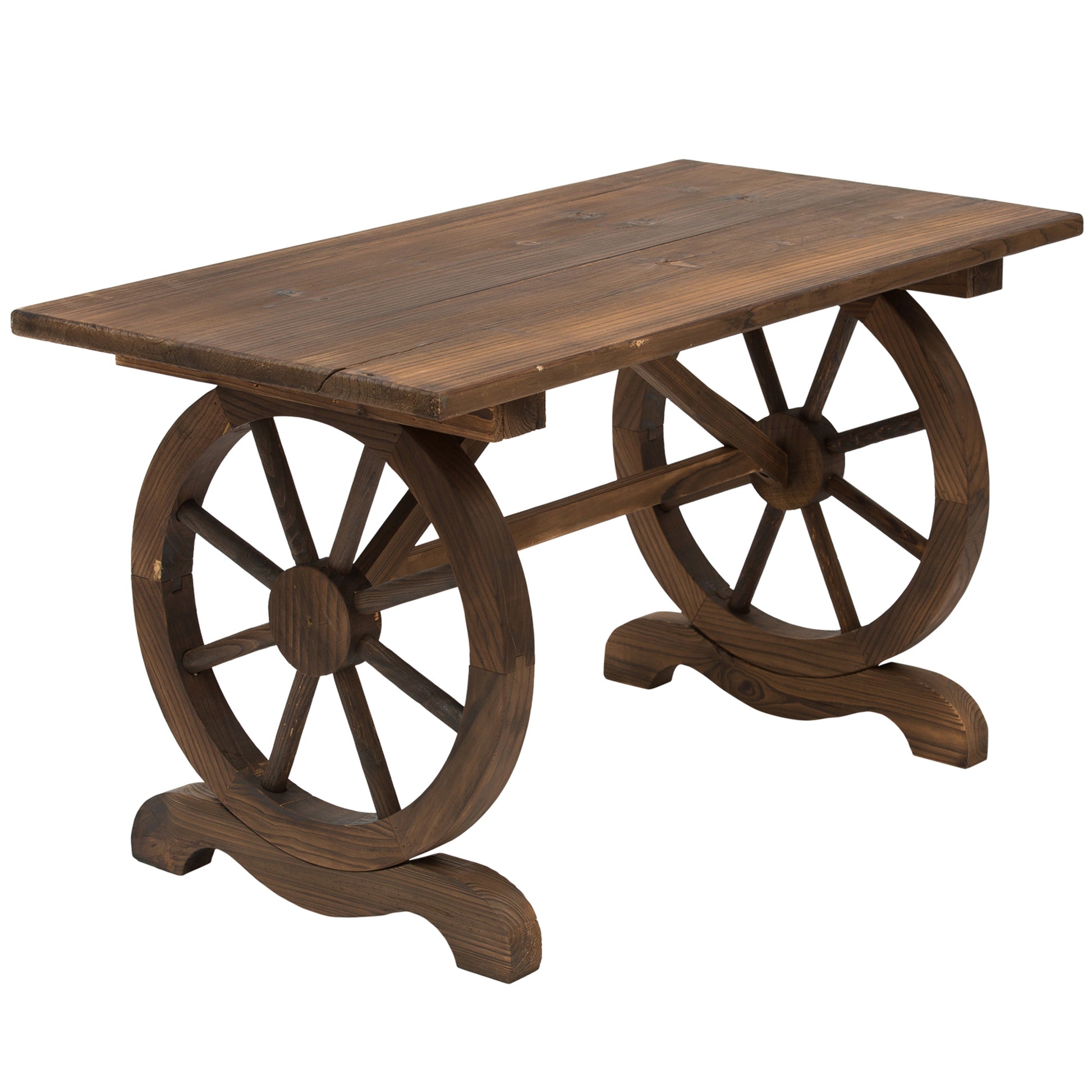 Photo of Outsunny Wooden Garden Dining Table, Wagon Wheel Outdoor Coffee Table with 3 cm Wood Top for Patio, Balcony, Terrace, 110 x 60 x 65 cm, Carbonised Finish in Finish colour on a white background