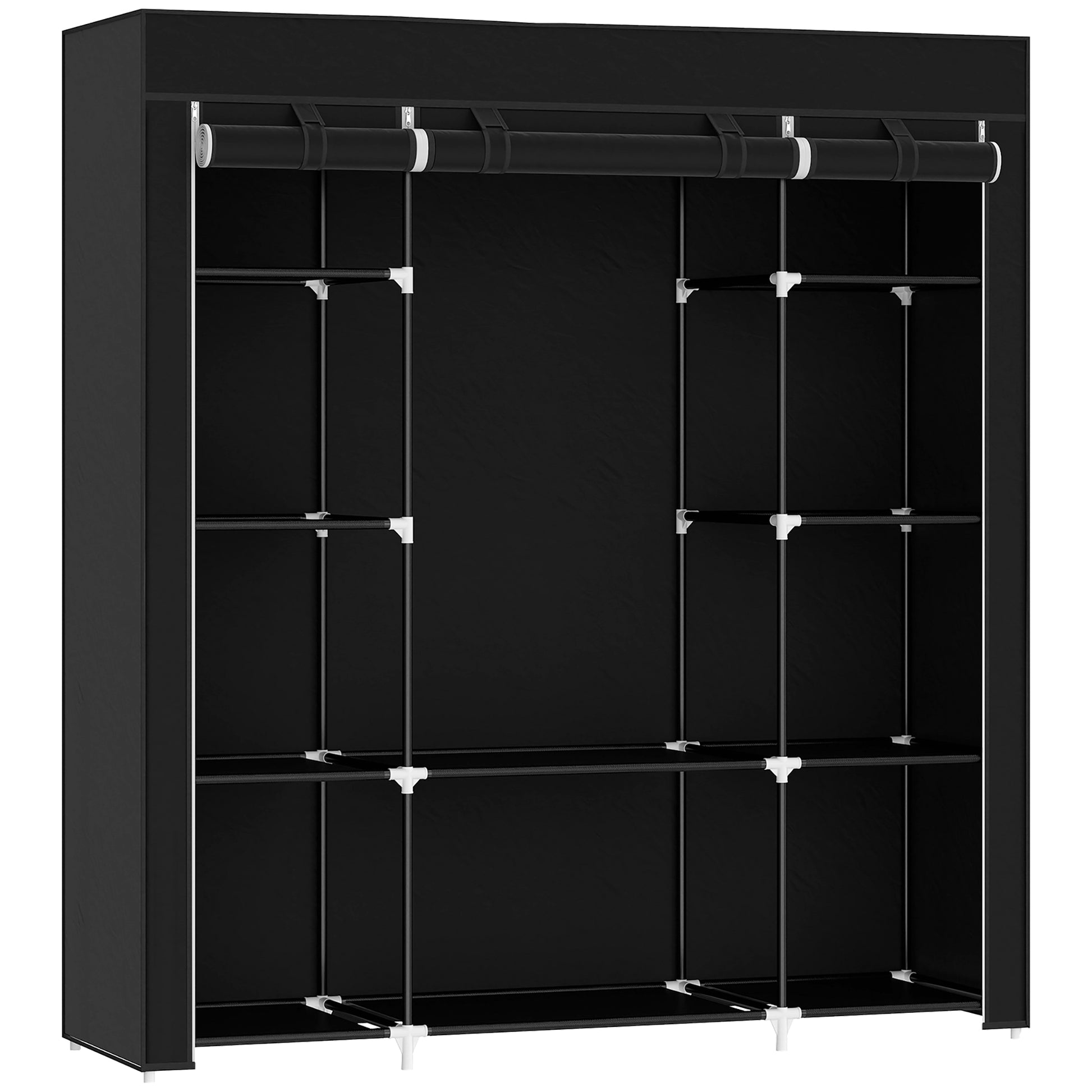 Photo of HOMCOM Portable Wardrobe, Foldable Fabric Wardrobe, 150 x 43 x 162.5cm, Clothes Storage Organiser with Hanging Rail, Shelves, Fabric Cover for Bedroom, Black in Black colour on a white background