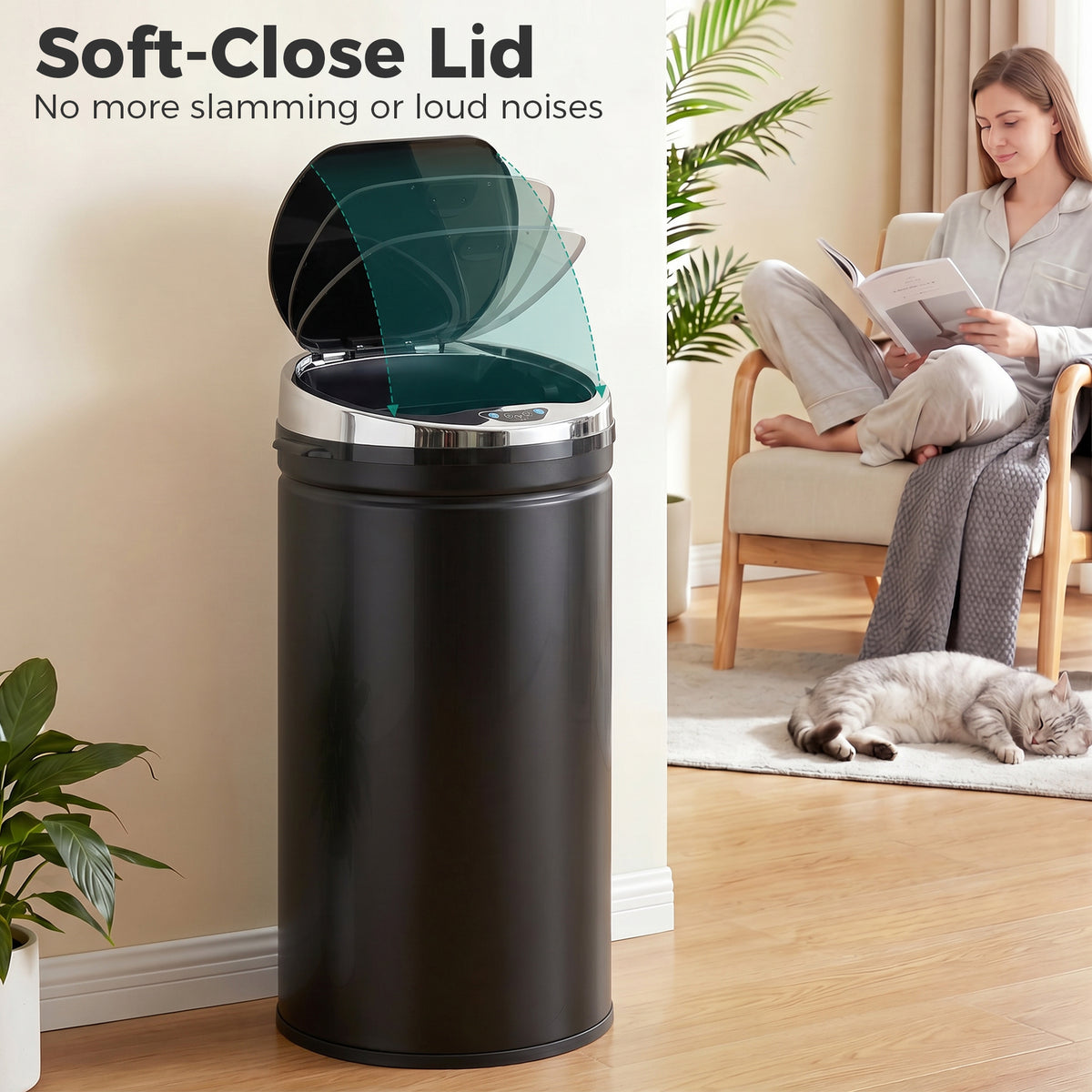 HOMCOM black sensor bin with soft-close lid shown partially open