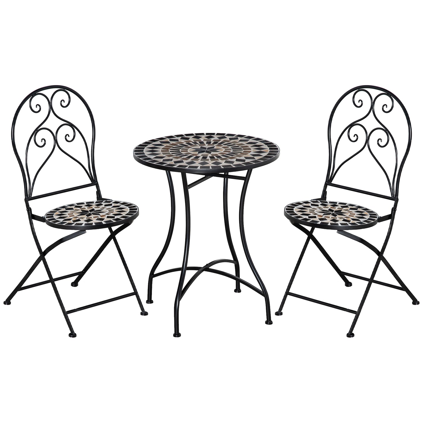 Photo of Outsunny 3 Pieces Garden Bistro Set with Coffee Table and 2 Folding Single Chairs, Mosaic Garden Table Top and Seats, Metal Frame, for Patio Balcony, Black in Black colour on a white background