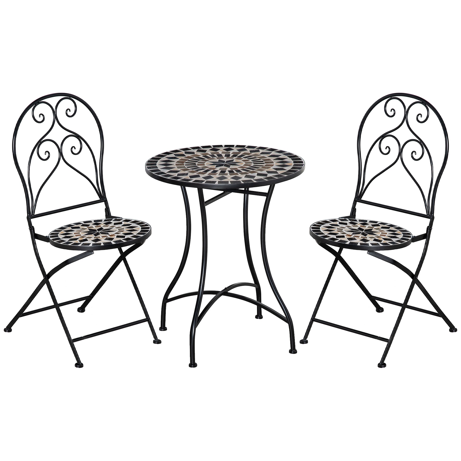 Photo of Outsunny 3 Pieces Garden Bistro Set with Coffee Table and 2 Folding Single Chairs, Mosaic Garden Table Top and Seats, Metal Frame, for Patio Balcony, Black in Black colour on a white background