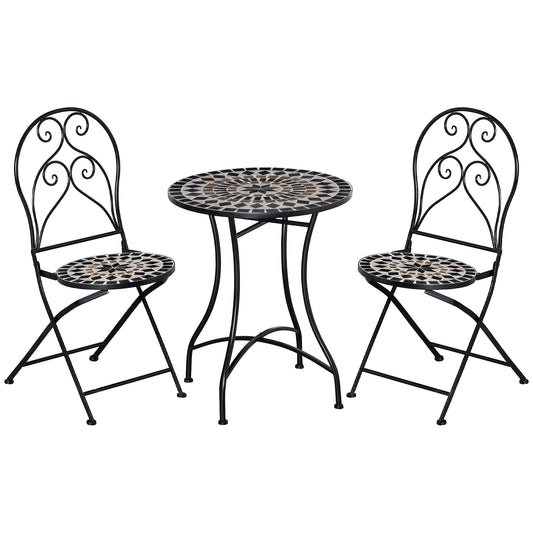 Photo of Outsunny 3 Pieces Garden Bistro Set with Coffee Table and 2 Folding Single Chairs, Mosaic Garden Table Top and Seats, Metal Frame, for Patio Balcony, Black in Black colour on a white background