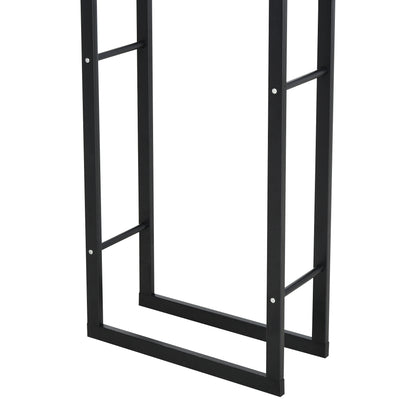 Close-up of the black metal rack's lower frame and side rails