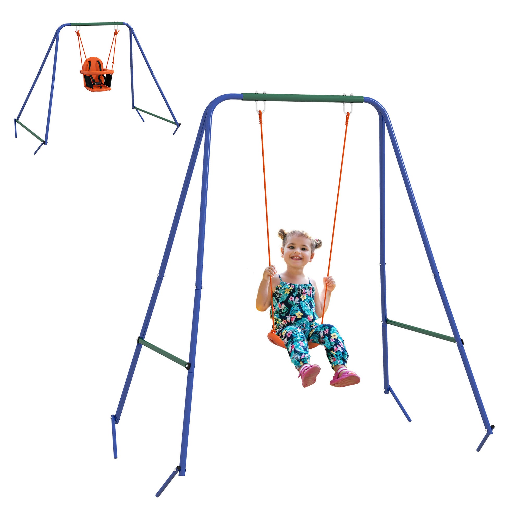 Photo of Outsunny Two-In-One Toddler Garden Swing, with Comfortable Seat, Safety Belt - Orange and Blue in Blue colour on a white background