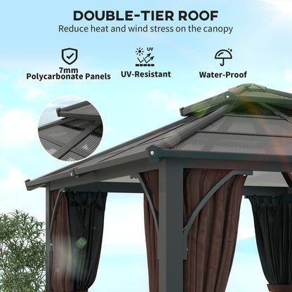 Outsunny gazebo showing its double-tier polycarbonate roof and tied brown curtains