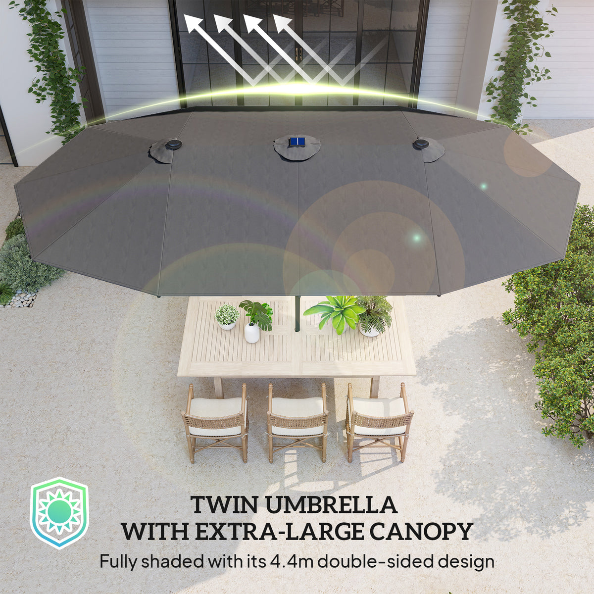 Overhead view of the umbrella's extra-large double-sided dark gray canopy