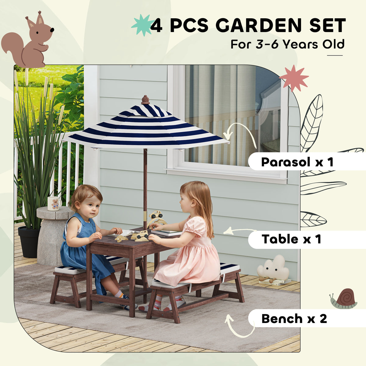 AIYAPLAY kids wooden picnic set with striped umbrella, table, and two benches