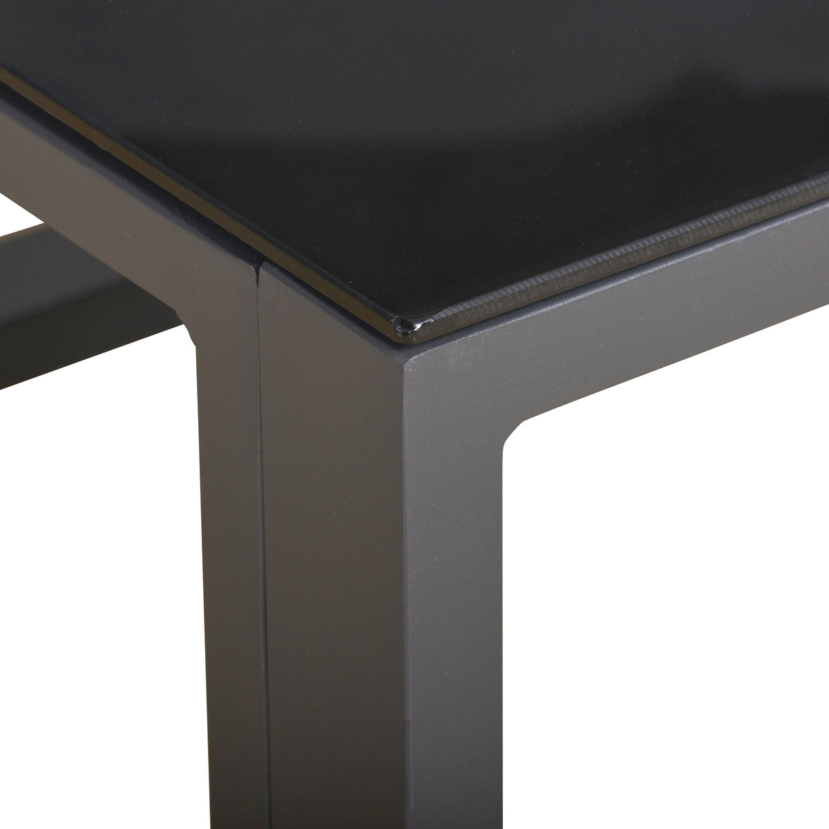 Outsunny coffee table close-up showing the dark tempered glass top and metal frame