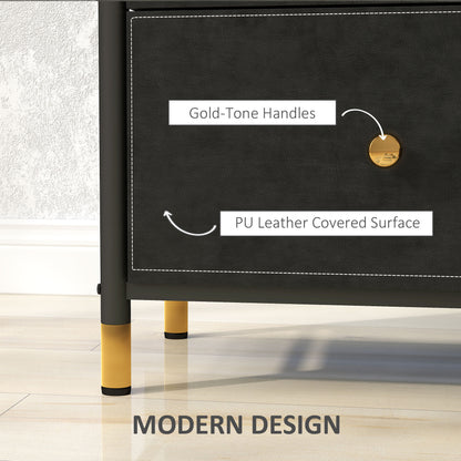 Close-up of faux leather drawer front, gold-tone knob and gold-capped legs
