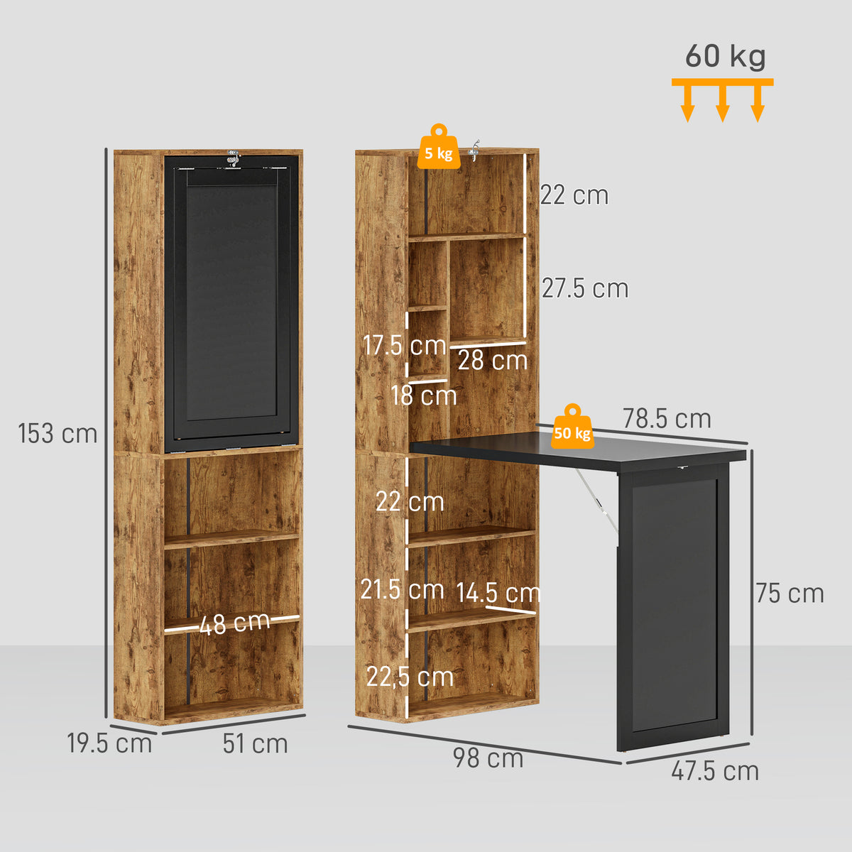 Folding desk shown open and closed with dimensions and weight limits