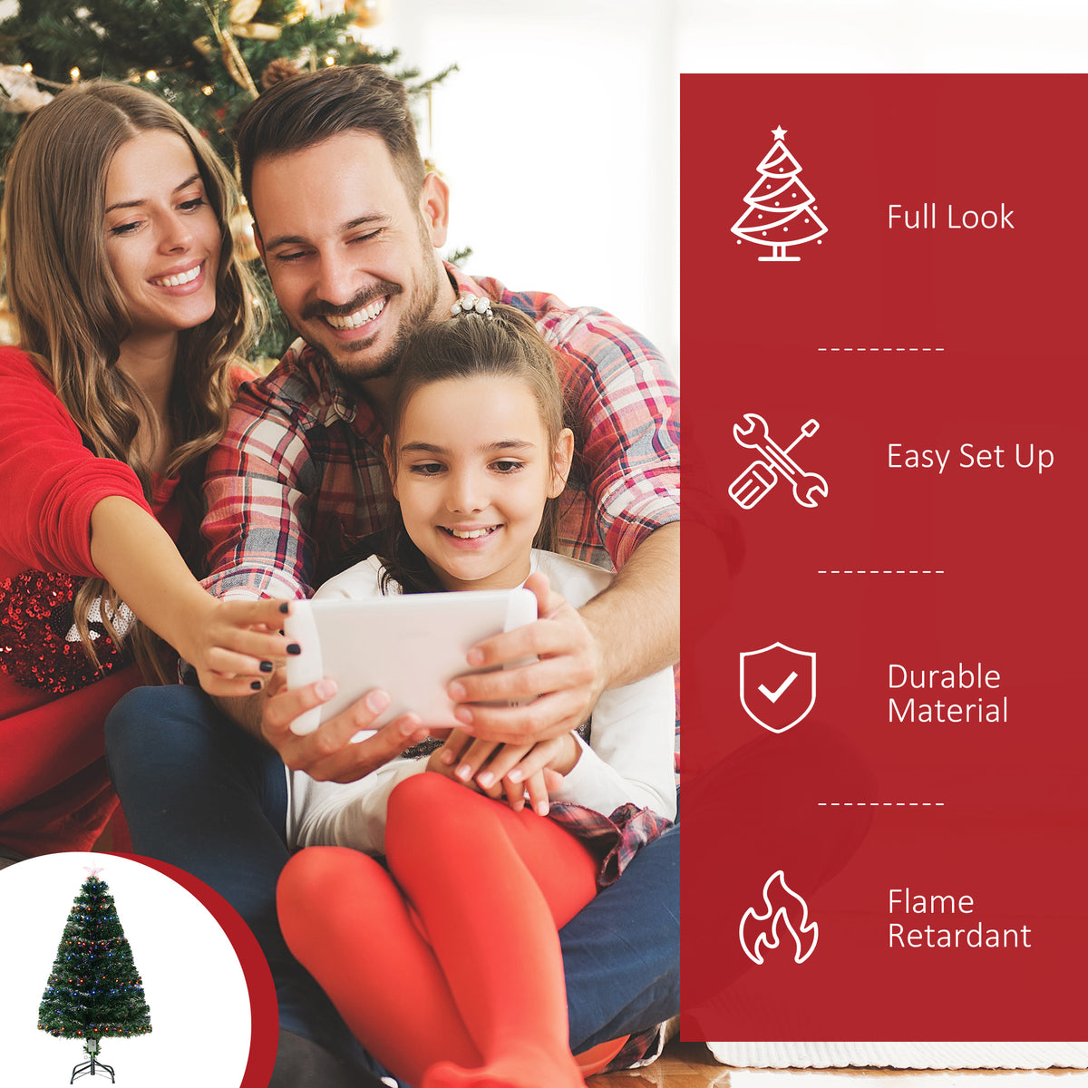 Green pre-lit Christmas tree with multicolored lights and metal stand; feature icons indicate easy setup