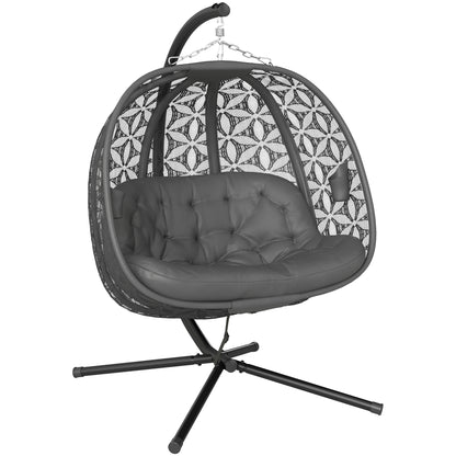 Outsunny charcoal gray double hanging chair with patterned basket, padded cushion, cup holders and steel stand