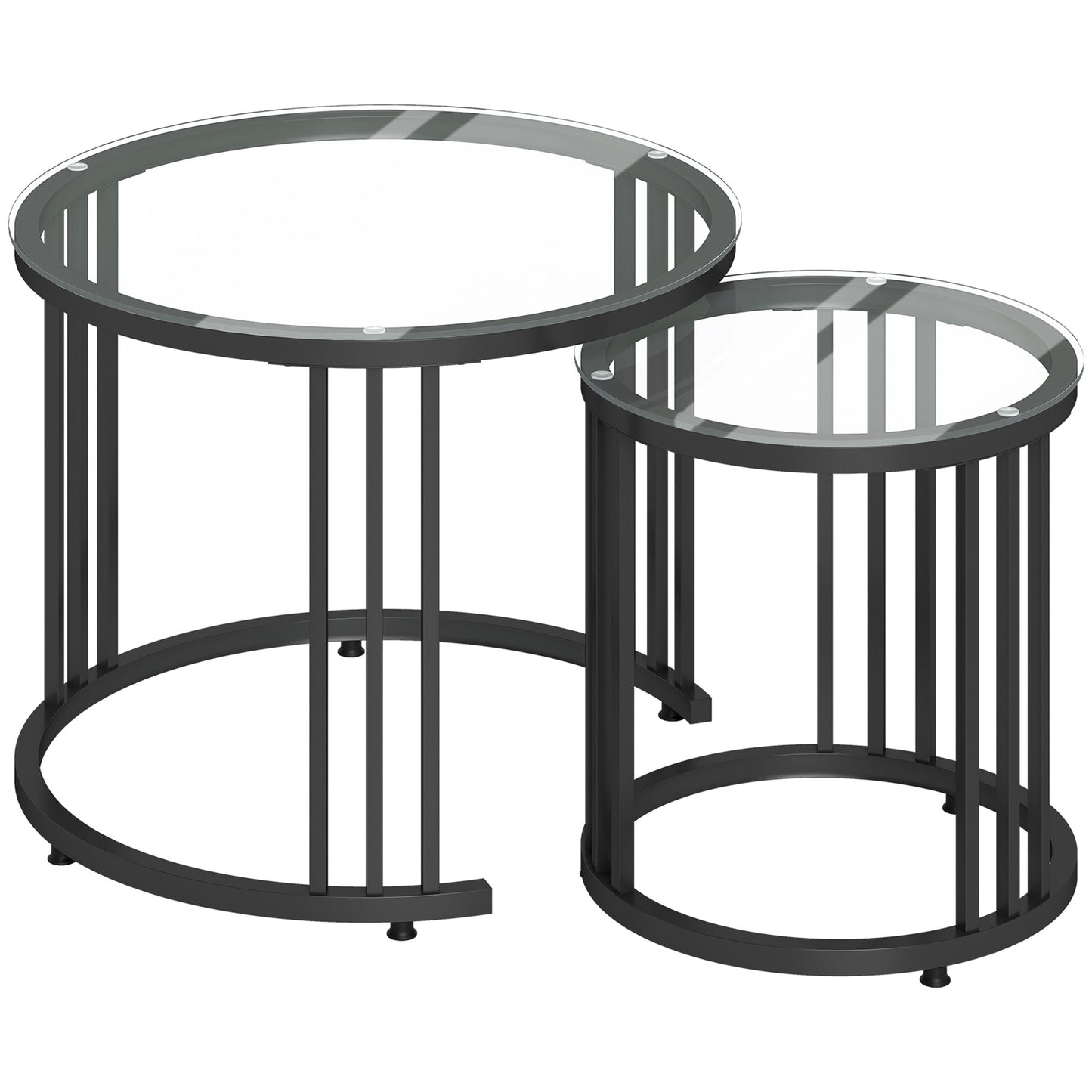Photo of HOMCOM Round Coffee Tables Set of 2, Nesting Tables with Tempered Glass Top and Steel Frame, Black in Black colour on a white background