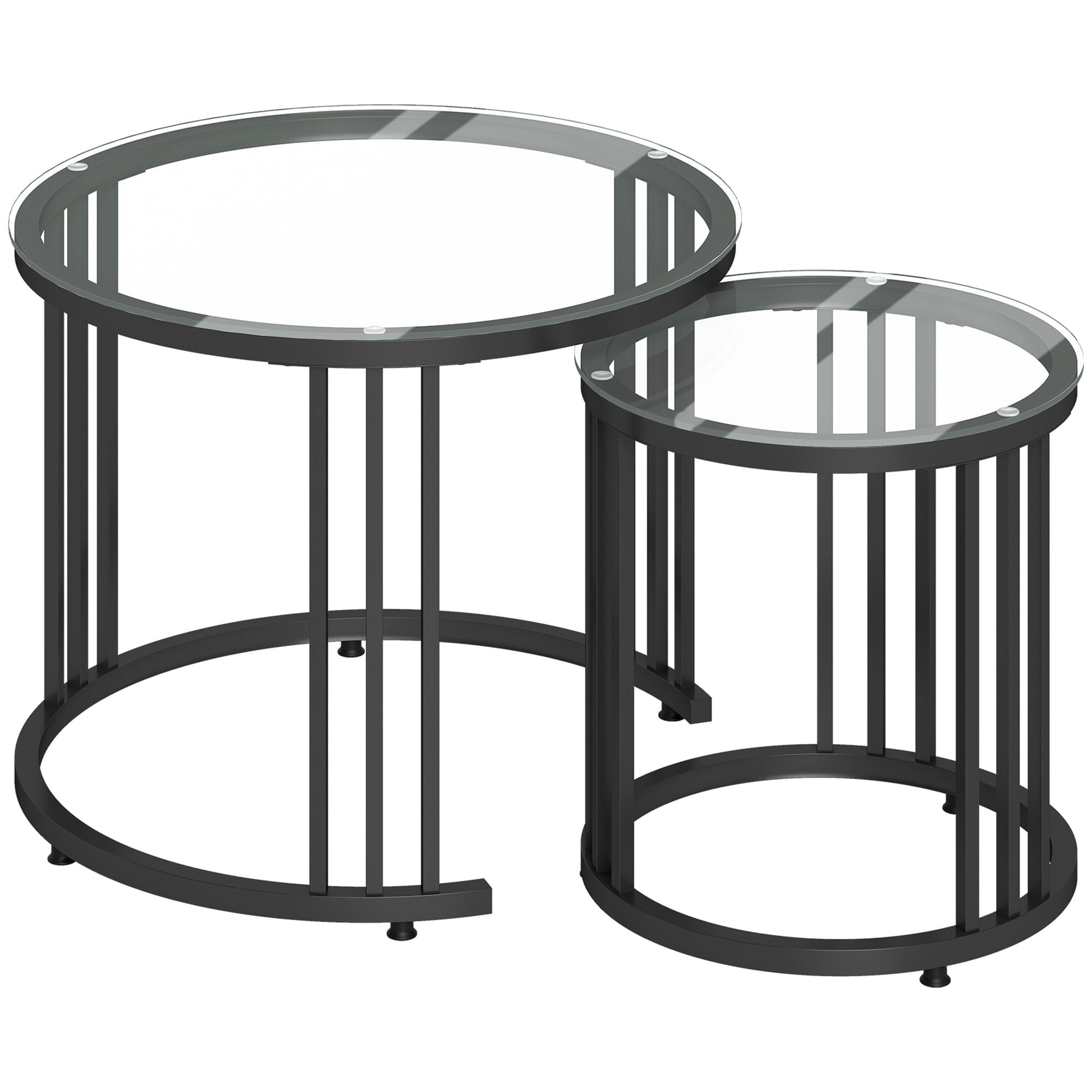Photo of HOMCOM Round Coffee Tables Set of 2, Nesting Tables with Tempered Glass Top and Steel Frame, Black in Black colour on a white background