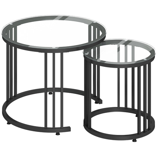 Photo of HOMCOM Round Coffee Tables Set of 2, Nesting Tables with Tempered Glass Top and Steel Frame, Black in Black colour on a white background