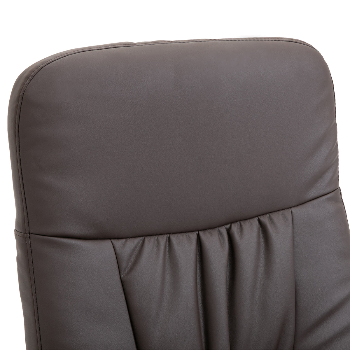 Close-up of the brown recliner chair's padded, gathered backrest