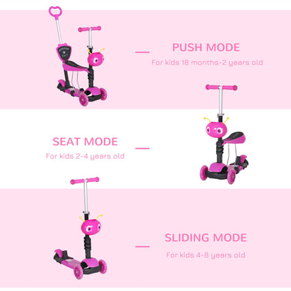 Pink toddler scooter shown in push, seat and riding modes