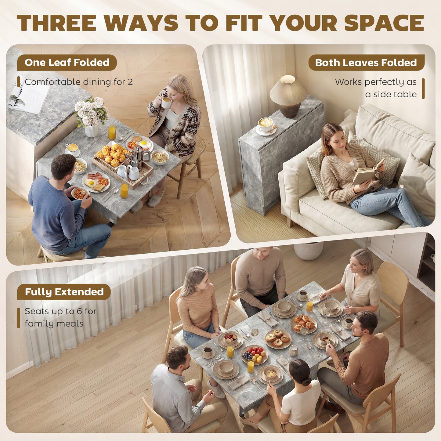 HOMCOM 80-140 cm Folding Dining Table for 4-6 People, Drop Leaf Table with 2-Tier Shelves, Rolling Casters, for Small Spaces, Kitchen, Flat, Dining Room, Cement Grey