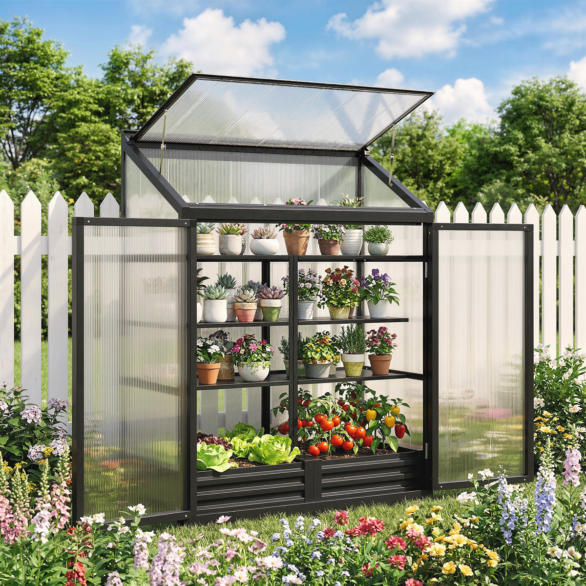 Outsunny 4 x 2ft Polycarbonate Greenhouse, Quick Setup, Lean-to Green House with 2 Hinged Doors, Top Vent, Black