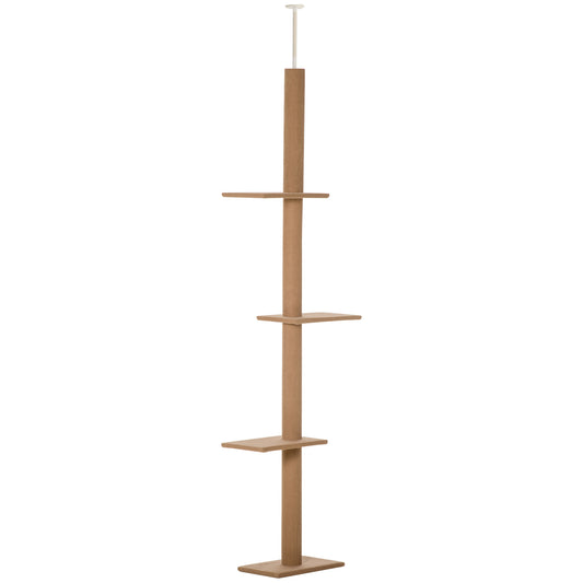 Photo of PawHut 260cm Floor To Ceiling Cat Tree for Indoor Cats w/ Three Platforms Activity Centre - Brown in Brown colour on a white background