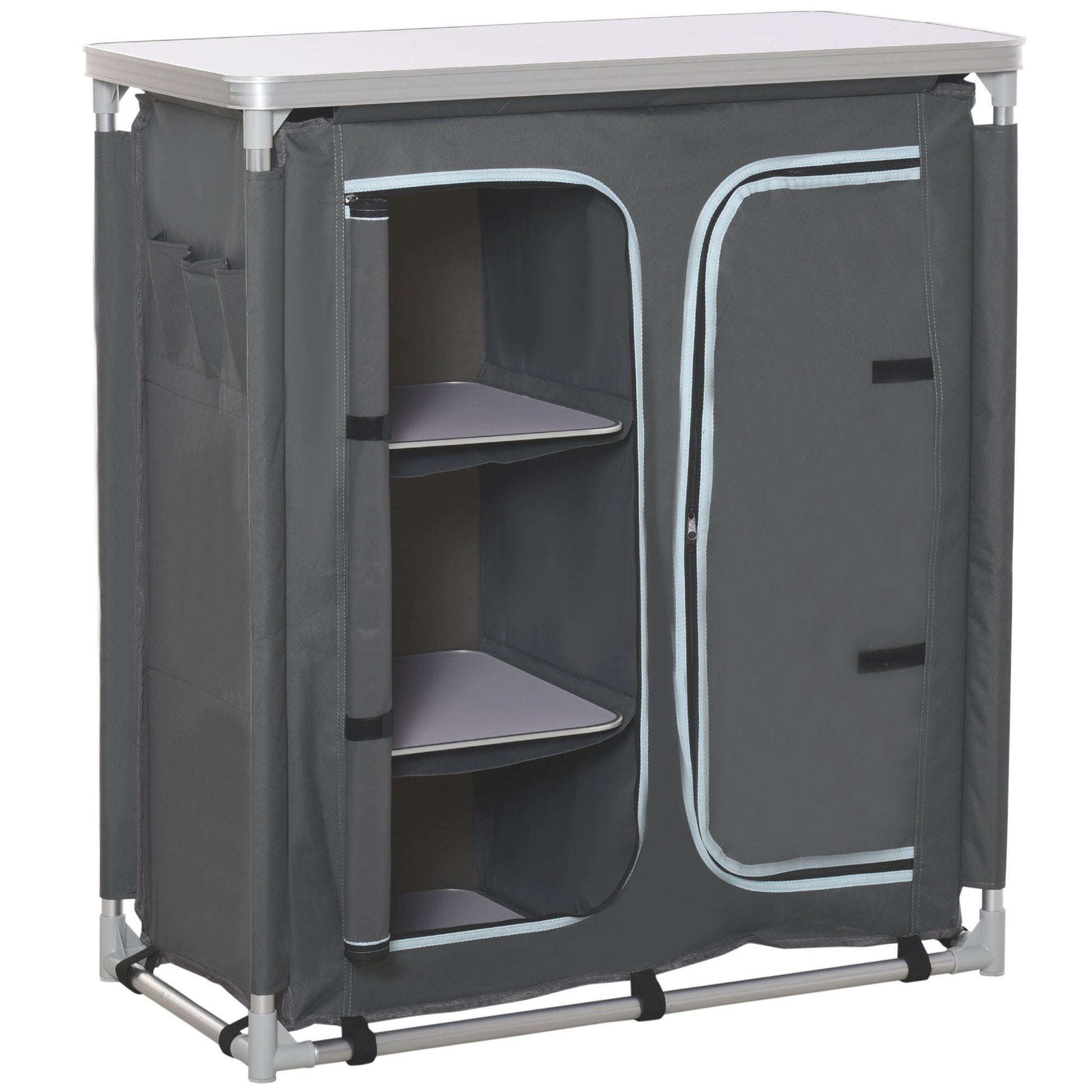 Photo of Outsunny Aluminum Camping Cupboard, Camping Kitchen Station Cook Table with 3-Shelf, Storage Organiser for BBQ Party Picnic in Picnic colour on a white background