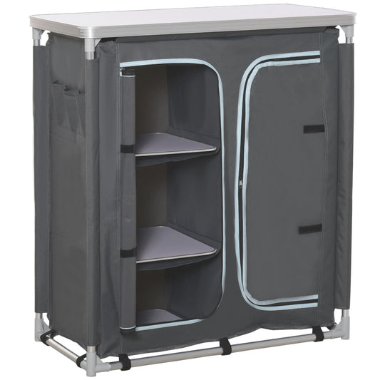 Photo of Outsunny Aluminum Camping Cupboard, Camping Kitchen Station Cook Table with 3-Shelf, Storage Organiser for BBQ Party Picnic in Picnic colour on a white background