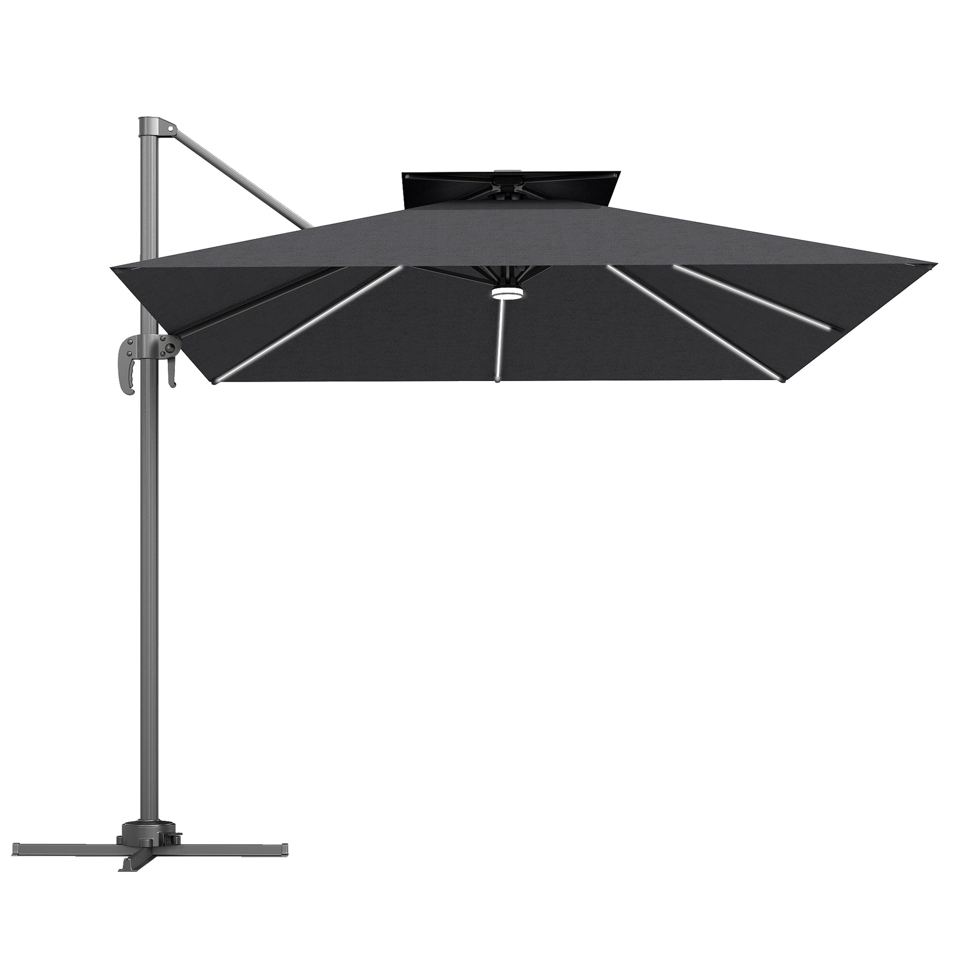 Photo of Outsunny 2.5m Cantilever Parasol with Solar Powered LED Lights, 360° Rotation, Tilt Adjustment, Crank Handle, Dark Grey in Grey colour on a white background