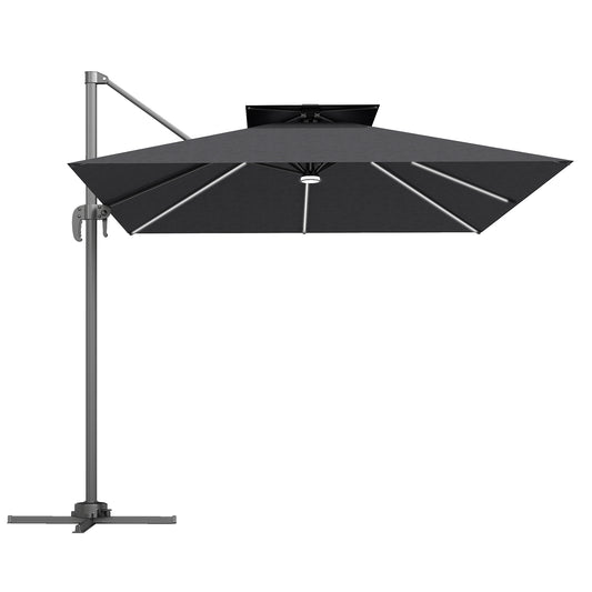 Photo of Outsunny 2.5m Cantilever Parasol with Solar Powered LED Lights, 360° Rotation, Tilt Adjustment, Crank Handle, Dark Grey in Grey colour on a white background