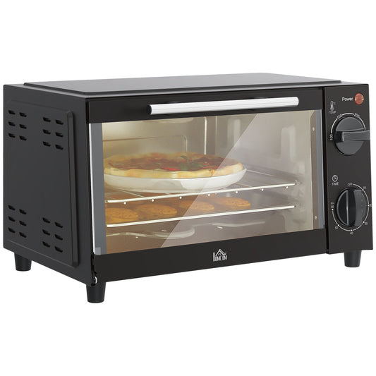Black HOMCOM 9L mini oven with glass door, two control dials, wire rack and baking tray